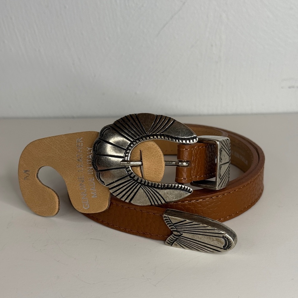 Marlon Firenze Tan Genuine Leather Belt M Silver Western Buckle Madein Italy NWT